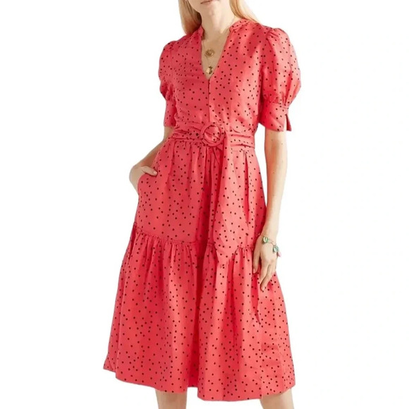 Rebecca Vallance Linen Blend Dot Print Puff Sleeve Midi Dress Coral Size 6 - Picture 1 of 12